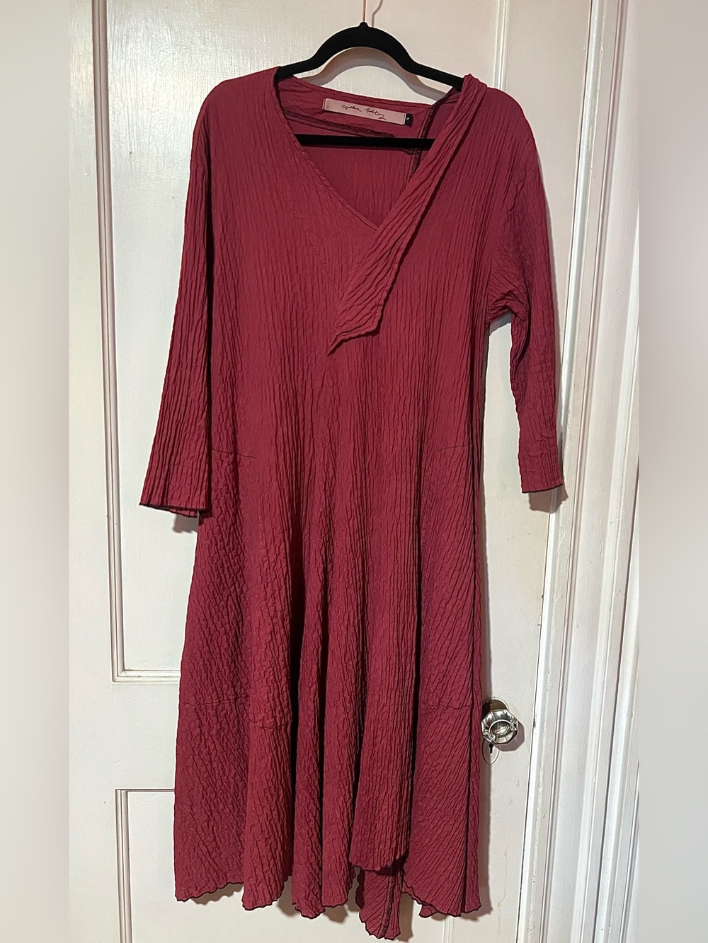 Textured Asymmetrical Cynthia Ashby V-Neck Maxi Dress in Deep Berry